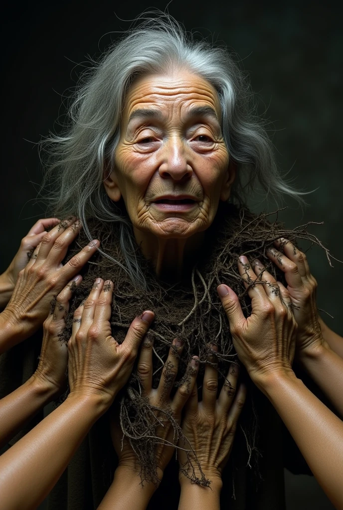 an old woman covered in mud and roots, with many hands holding her up to the camera, their faces showing pain , by Masao Yamamoto . she has gray hair and wrinkles on face . dark background