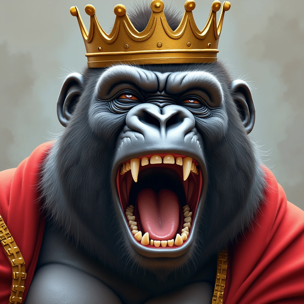 "Draw a lifelike, realistic close-up image of a gorilla's face, wearing a crown and royal robe. The gorilla's eyes are shut tightly, and its mouth is stretched wide in a powerful, boisterous laugh, showing all its teeth. The background is blurred to highlight the gorilla's intense and joyful expression."