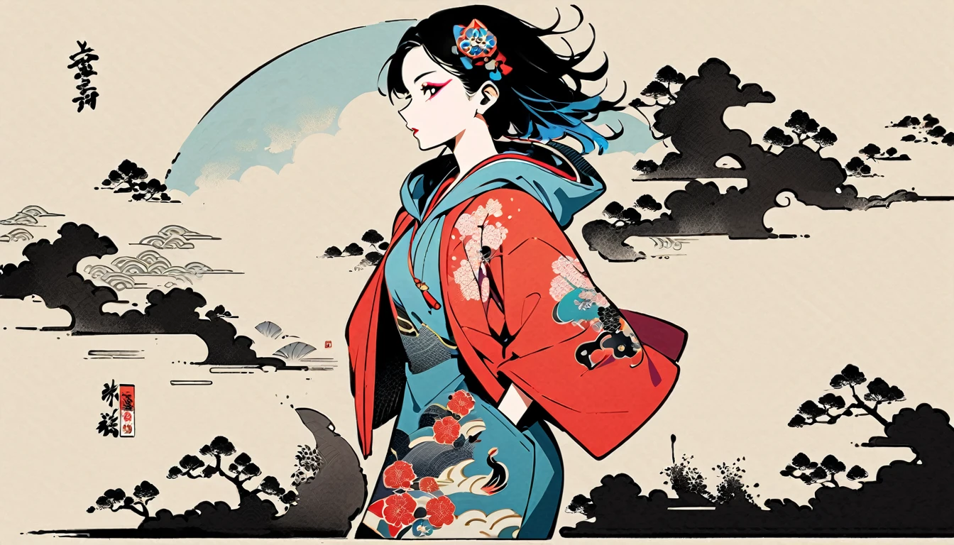 (((Ink Painting))), (((1 girl))), (((whole body))), (((Very flashy hair accessories))), (((Very flashy makeup))), Japanese style headphones, Japanese pattern hoodie, Put on the hood, Put your hands in your pockets, Japan人の美女, Black Hair, Delicate and precise, Modern ukiyo-e style,Japan