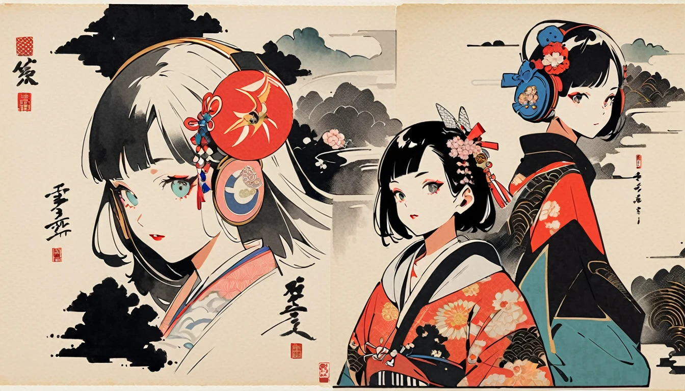 (((Ink Painting))), (((1 girl))), (((whole body))), (((Very flashy hair accessories))), (((Very flashy makeup))), Japanese style headphones, Japanese pattern hoodie, Put on the hood, Put your hands in your pockets, Japan人の美女, Black Hair, Delicate and precise, Modern ukiyo-e style,Japan