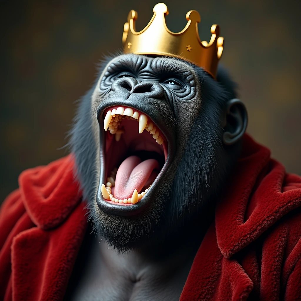 "Create a realistic close-up image of a gorilla's face, adorned with a king's crown and velvet robe. The gorilla's head is slightly tilted back, its eyes tightly closed in joy, and its mouth wide open in an overwhelming, hearty laugh. The background is blurred, emphasizing the gorilla's regal and explosively joyful expression."