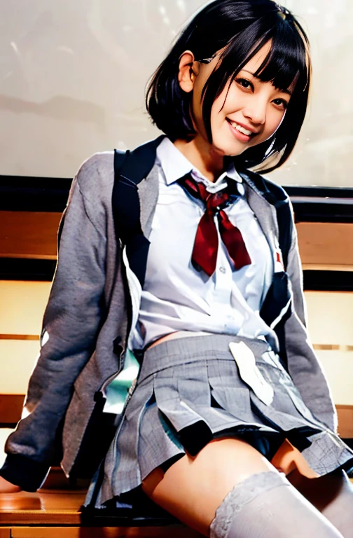 (8k, Highest quality, masterpiece: 1.2), (Realistic, photoRealistic: 1.2), sitting, (Panty shot)))), (Spread your legs)))), alone, 15 years old, (((日本のhigh school girl: 1.6))), In the classroom, Wet, Gaze at the viewer, (sit: 1.5), loafers, smile, Big Breasts, Beautiful Eyes, An empty classroom, high school girl, (short hair :1.1), Panty shot, Spread your legs, Thigh, ((Grey no-tuck mini skirt:1.5)) ,((Gray High School Blazer)), White panties, socks, Knee-length, White shirt, loafers, Realistic, ((小馬鹿にしたsmile :1.5)), ((laugh at:1.2)), lips, Brown eyes, ((Red ribbon around neck)), ((Neat no-tuck Keio skirt)), 茶色のloafers, masterpiece, Highest quality, Ultra detailed face, (((Panties that look like they can be seen))), (((Spread your legs))), ((Like peering into someone's face)), (((Raise one knee))), (((みずみずしいThigh))), squat,(((Spread your legs))), (((膝を上げてsit))), しゃがみPanty shot,