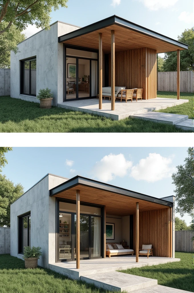 House plan with plan, single-storey house, 1 bedroom with en-suite bathroom, 1 kitchen, 1 living room, concrete floor, wooden pillars, concrete walls and black roof.