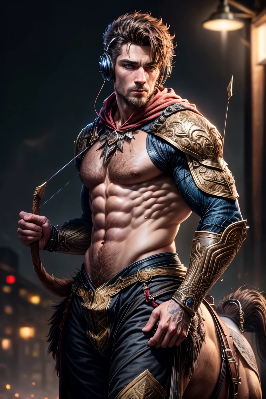 masterpiece, highest quality, 1man as a centaur (full body), extremely detailed face and eyes, detailed full body, detailed hair, detailed legendary archer outfit, headphones, (low angle camera), night, colorful, cinematic lighting, photorealistic, 8k, hyper detailed, intricate details, (best quality), (realistic), (masterpiece)
