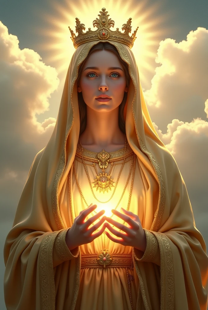 Perfect hand 5 finger, Portrait of a beautiful virgin mary wearing gold clothes of queen with the queen crown shining the light from her head and heart all over in the clouds, virgin mary, real blue eyes, sunny day, intricate details.real virgin mary, straight head face, Straight body.Prayer virgin mary, perfect full body,  perfect hands finger,Prayer virgin mary, praying virgin mary backgrounds natural photographic
