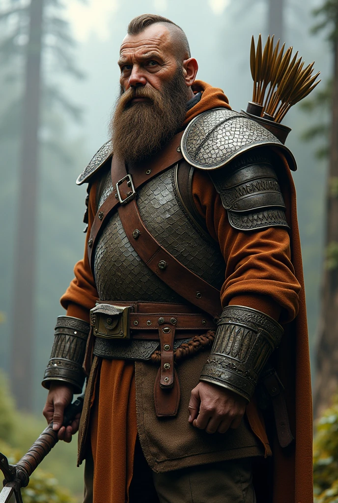 31 old man with a beard, some face wrinkles, Brown hairy and eyes, tanned skin, good muscle definition, around 1,76 cm of height wearing a simple scale mail for armor two shortswords and a large now with a quiver. An Explorer
