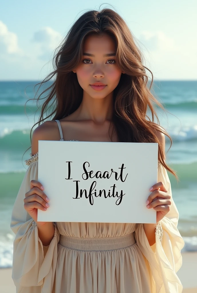 Beautiful girl with wavy long hair, bohemian dress, holding a white board with text "I Love Seaart Infinity" and showing it to the viewer
