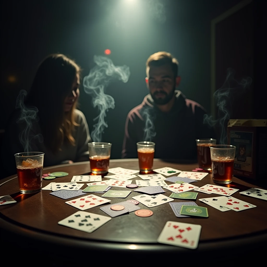 Card Game, cards scattered on an old table, colorful chips, spotlights, cigarette smoke, cups full of liquor, faceless people, dimly lit room,
