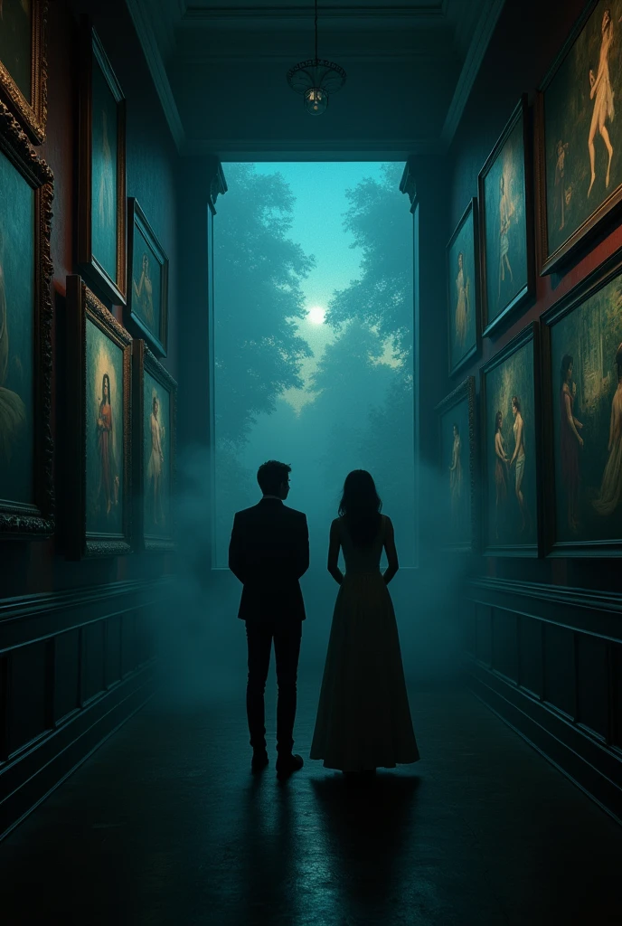 One men and one woman both are see a building in the dark place and full of painting in the room
