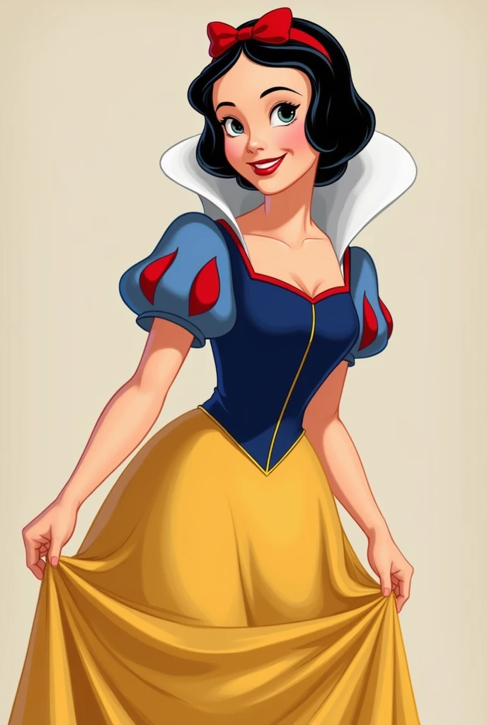 A 2d animated picture of Snow White, in her iconic dress, is a vision of classic fairy tale elegance. She wears a vibrant yellow skirt with a red ribbon sash that contrasts strikingly against the deep blue of her puffed-sleeve bodice. The bodice itself is adorned with a high white collar that frames her face, emphasizing her fair complexion and red lips. Her overall appearance is completed with a touch of simplicity and grace, embodying the timeless charm of Disney's beloved character.