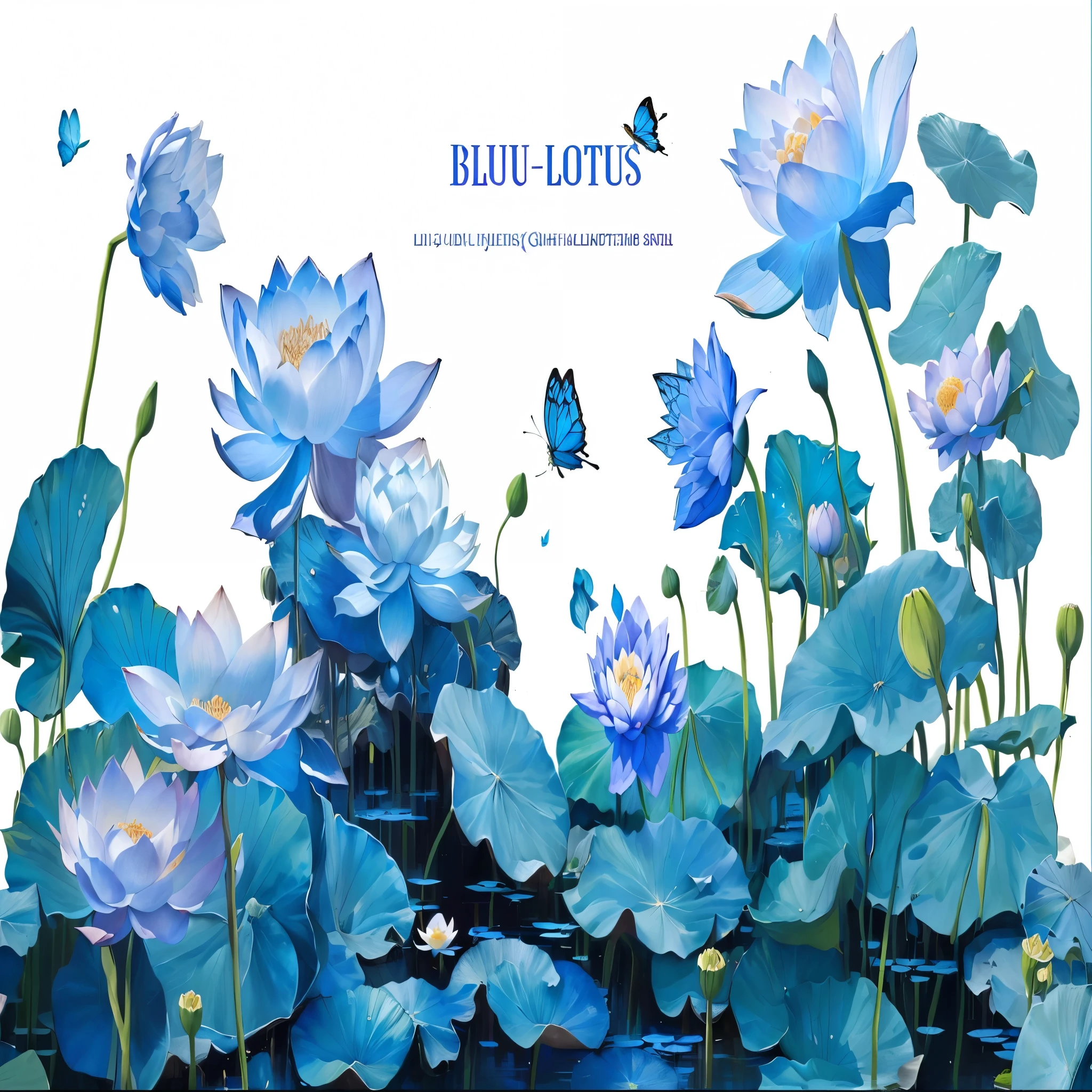 there are many blue lotuses in the water with a butterfly flying above them, lotus, with lotus flowers, by Li Di, lotuses, blue color, lotus flowers, blue, author:Sim Che Tsai, author:Ju Lian, by Zhu Da, author:Jin Touliang, author:Li Kan, lots blue colours, lotus pond