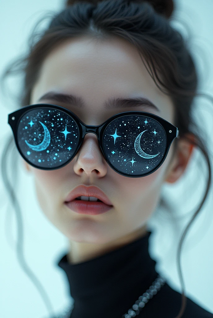 The model is wearing glass sunglasses with stars and the moon on the glass