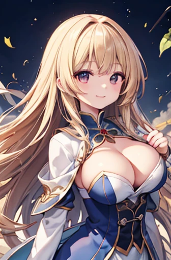 masterpiece、high resolution、Like the picture、Amazing world、Long Hair、Large Breasts、Large Breasts、I can see her cleavage、Brown eyes、Shiny blonde hair、Blue Wizard Costume、Sexy smile、Drawing from the front、The wind is blowing、Red ribbon