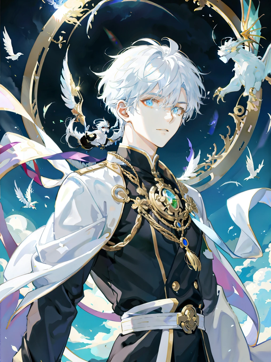 Masterpiece, 1 male dragon boy, AS-Youn, beautiful cute boy, white hair, golden eyes, light themes, Magic Array, Buble、rainbow Sunlight, at the sky、Reflector mirror, floating piece of feather、dark glow light、Bubble Swirling、Wind swirl, extreme light, Fantastic landscape, full bodyesbian, orthofacial, Look to the lens