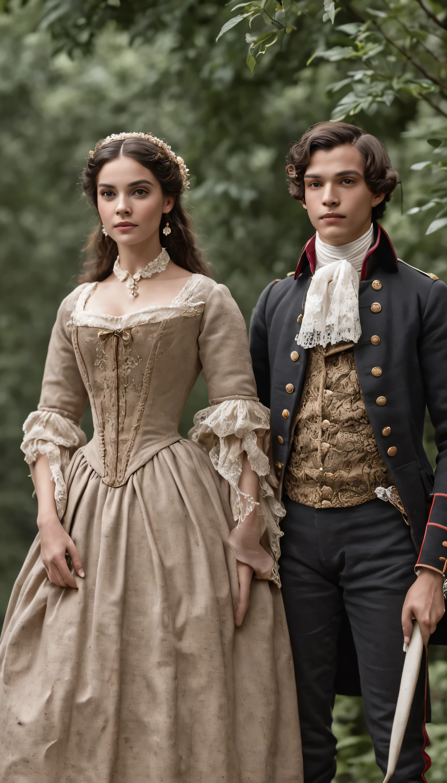 very realistic couple of young people in their 20s , dressed in 1822 clothes