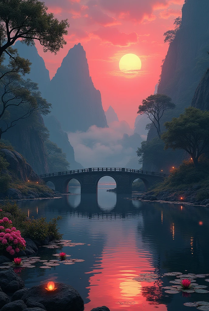 半山腰有一個巨大的fall, An ancient city carved into the rock, epic matte painting of an island, The Lost City of Atlantis. Sunset, dark sky with red Sunset clouds,  Fog in the forest, fall流入池塘, Pond with garden, Flowers and water lilies in the pond, Stone Bridge, epic landscape, painting艺术, Watercolor Art, Lanterns in the pond, The ancient city on the distant mountain is blurred, fantasy, Popular on artstation, Trending in cgsociety, Wheel within a wheel, High Detail, dramatic, art halfway, tall fall, painting of a river with rocks and trees in the foreground , By the River, landscape, jungle, fall, Clear water, Night Light, Colorful, river with rocks, Stone Bridge, epic, fantasy, ((Roses and flowers on the shore of the pond) ), ((painting)),  ((Stone Bridge))