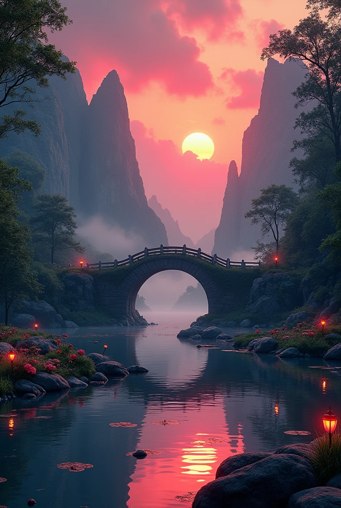 半山腰有一個巨大的fall, An ancient city carved into the rock, epic matte painting of an island, The Lost City of Atlantis. Sunset, dark sky with red Sunset clouds, Fog in the forest, fall流入池塘, Pond with garden, Flowers and water lilies in the pond, Stone Bridge, epic landscape, painting艺术, Watercolor Art, Lanterns in the pond, The ancient city on the distant mountain is blurred, fantasy, Popular on artstation, Trending in cgsociety, Wheel within a wheel, High Detail, dramatic, art halfway, tall fall, painting of a river with rocks and trees in the foreground , By the River, landscape, jungle, fall, Clear water, Night Light, Colorful, river with rocks, Stone Bridge, epic, fantasy, ((Roses and flowers on the shore of the pond) ), ((painting)), ((Stone Bridge))