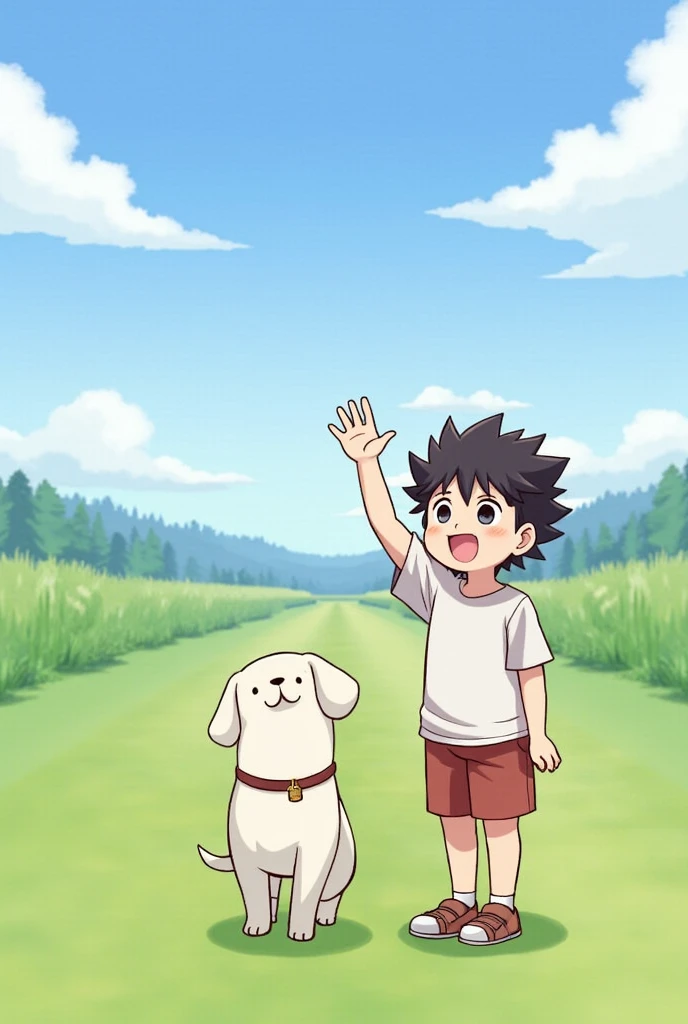 The dog's owner appears and takes him back, the main character waves with a smile, but with a touch of sadness.*