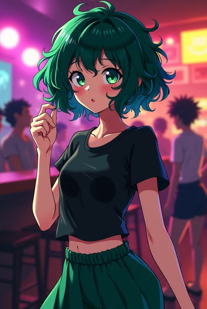 My hero academia Girl with short curly green hair,He has emerald green eyes, has freckles on his face, clear skin , She is wearing a black shirt with a short green skirt and is dancing in a night bar 