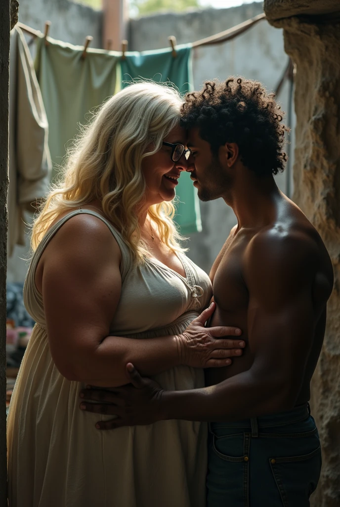 A 65 year old woman, blonde with long hair and obese body, wearing glasses being caressed by a young black man in a homemade and precarious laundry room with clothes hanging on the clothesline 