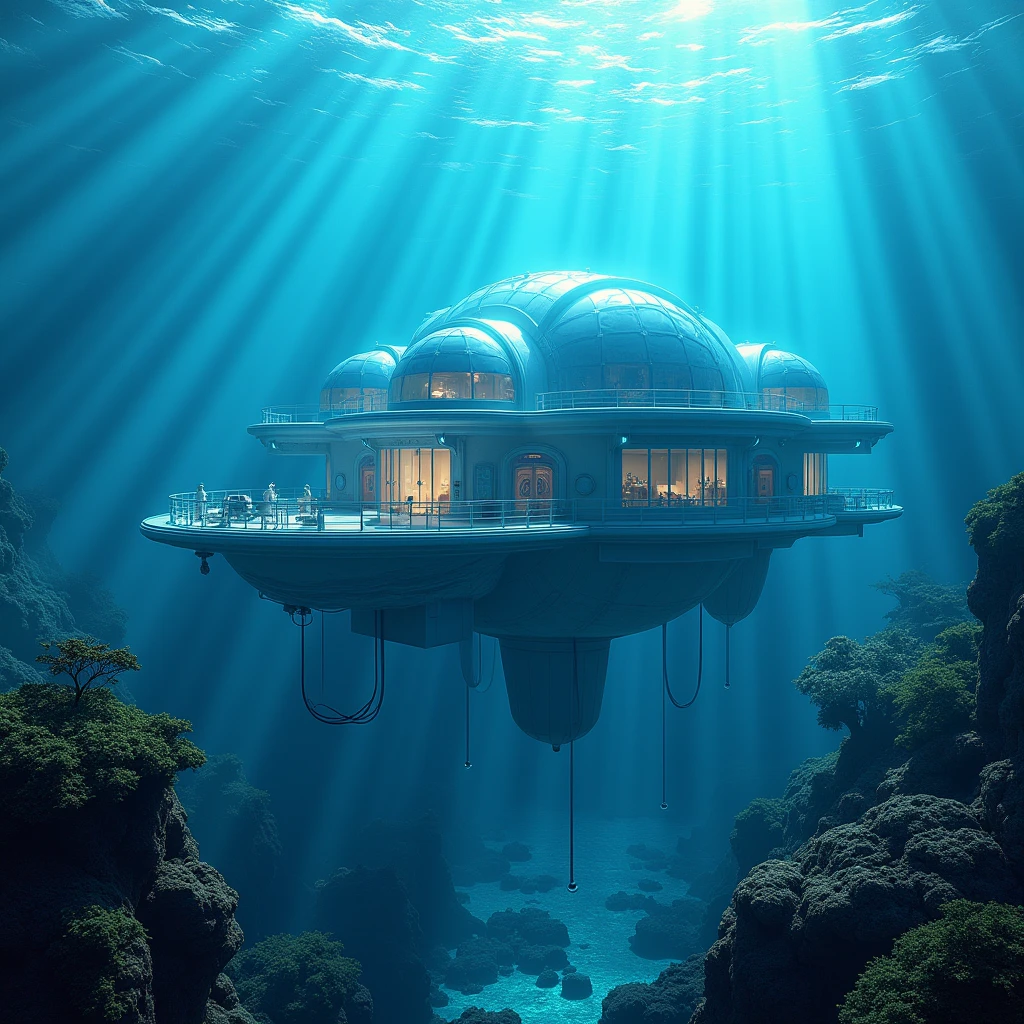 A futuristic underwater research base located deep in the ocean, with transparent domes, advanced laboratories, and observation decks offering views of the deep-sea creatures. The base is bathed in the blue light of the ocean depths. (high resolution, ultra detailed, 8K, cinematic lighting, photorealistic, underwater theme)