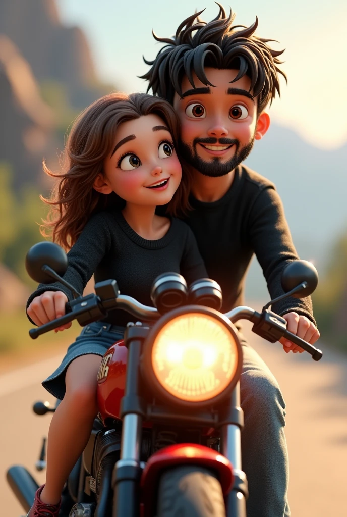 a couple, The slightly chubby girl with white skin,very light brown wavy hair, with light brown eyes, with a jean skirt and a black sweater and the boy with very short, slightly wavy, black hair, with beard, slightly dark skinned, in a black sweater and jeans that they are both on a racing motorcycle, Disney Pixar version