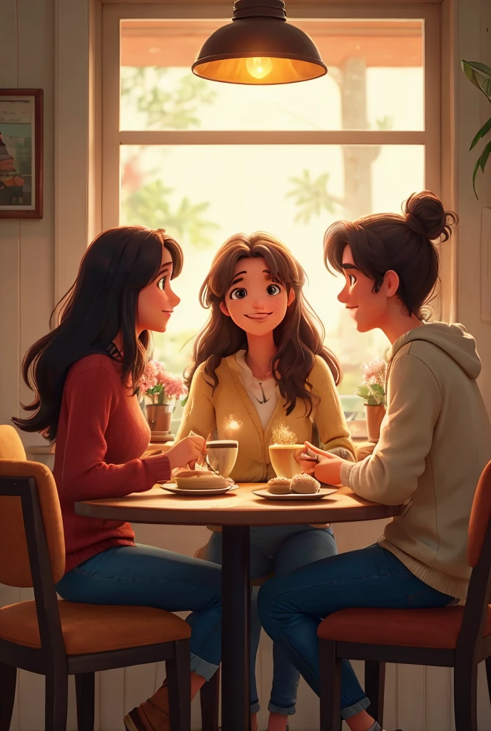 A cozy café with three friends sitting around a table.
Cartoonic