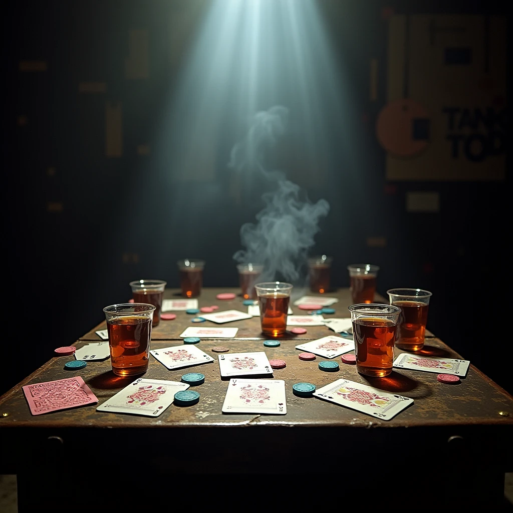 Card Game, cards scattered on an old table, colorful chips, spotlights, cigarette smoke, cups of liquor, faceless people, dimly lit room,