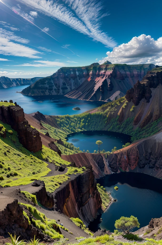 a panoramic shot of the caldera, beautiful detailed landscape, dramatic volcanic scenery, majestic crater lake, rugged terrain, lush foliage, vibrant colors, dynamic lighting, crepuscular rays, dramatic clouds, aerial perspective, hyper detailed, photorealistic, award winning photography, cinematic composition, stunning vista, epic scale, high saturated.