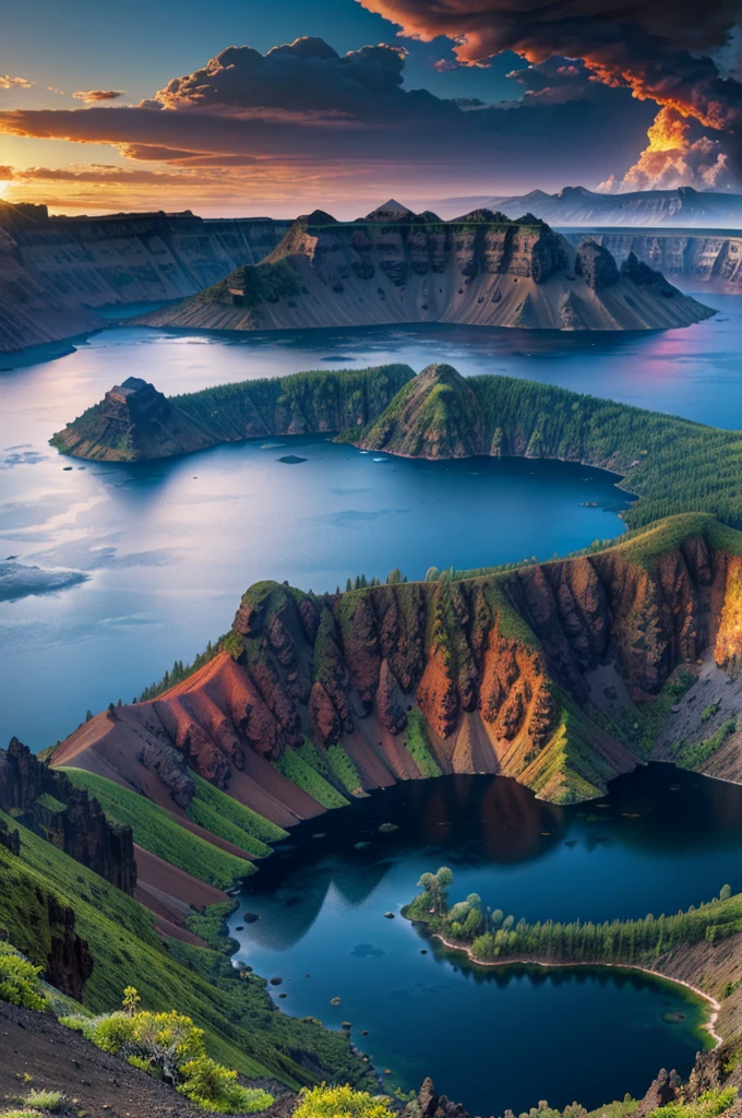 a panoramic shot of the caldera, beautiful detailed landscape, dramatic volcanic scenery, majestic crater lake, rugged terrain, lush foliage, vibrant colors, dynamic lighting, crepuscular rays, dramatic clouds, aerial perspective, hyper detailed, photorealistic, award winning photography, cinematic composition, stunning vista, epic scale, high saturated.