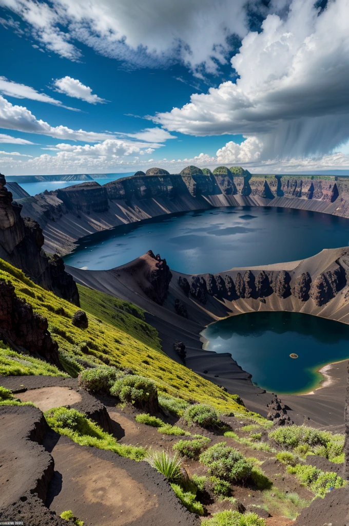 a panoramic shot of the caldera, beautiful detailed landscape, dramatic volcanic scenery, majestic crater lake, rugged terrain, lush foliage, vibrant colors, dynamic lighting, crepuscular rays, dramatic clouds, aerial perspective, hyper detailed, photorealistic, award winning photography, cinematic composition, stunning vista, epic scale, high saturated.