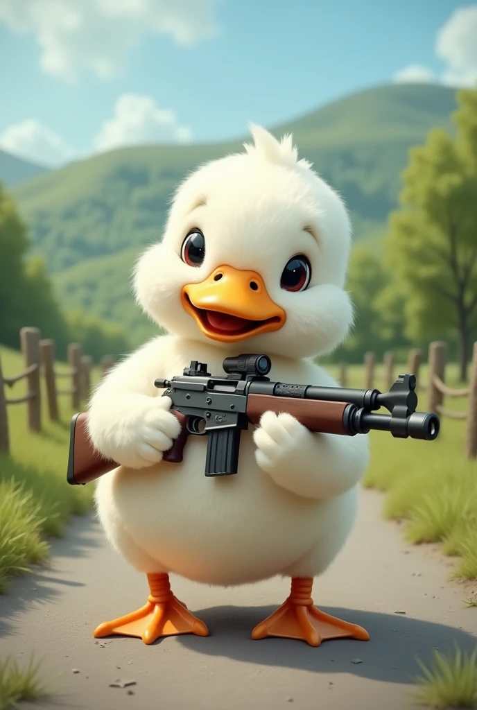 A cute white duck holding a weapon stands on the road.