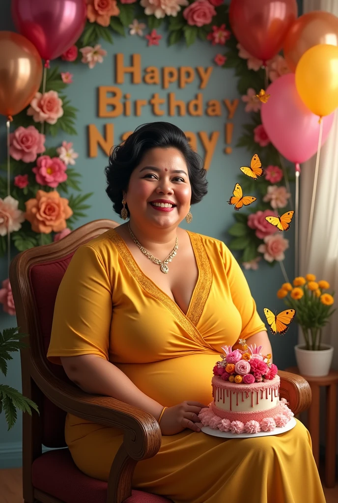 Real one pinay mother beautiful lesbian cut hair fat dress gold cake baloons flowers and butterflies name background wall"happy 62nd Birthday Nanay" sitting in chair