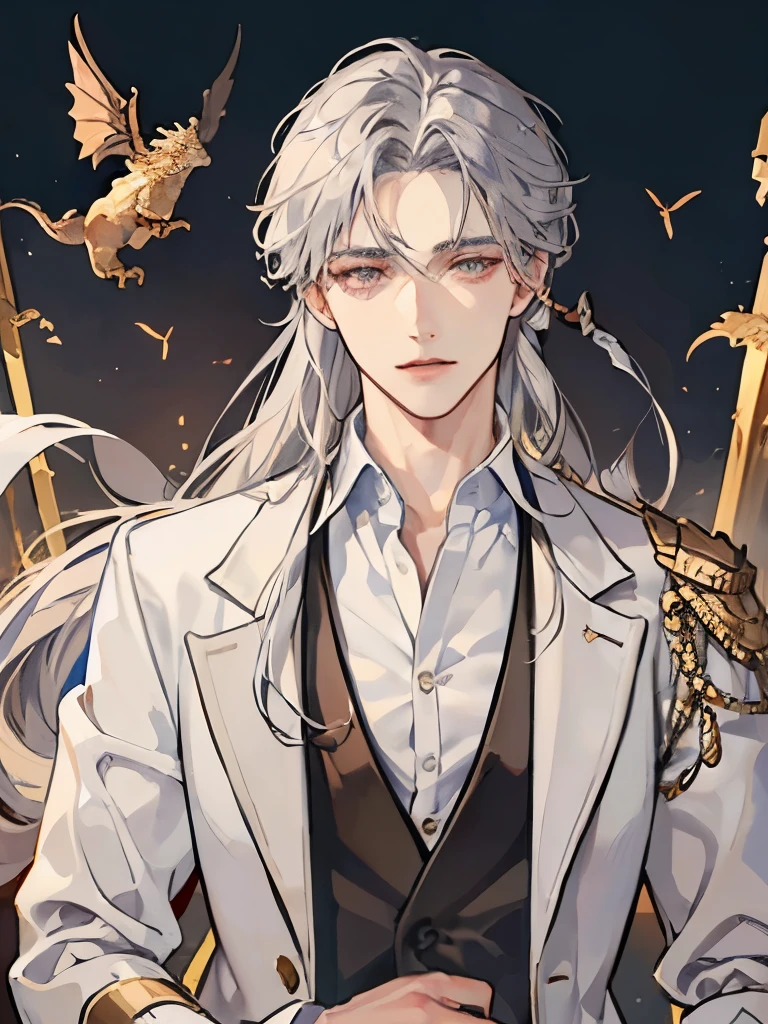 ((highest quality)), ((pieces fly)), perfect face,((1 male)),alone,20th generation men,a handsome guy,gray hair,long hair,golden eyes,dragon horn,humanoid dragon,ancient greece,Greek Mythology