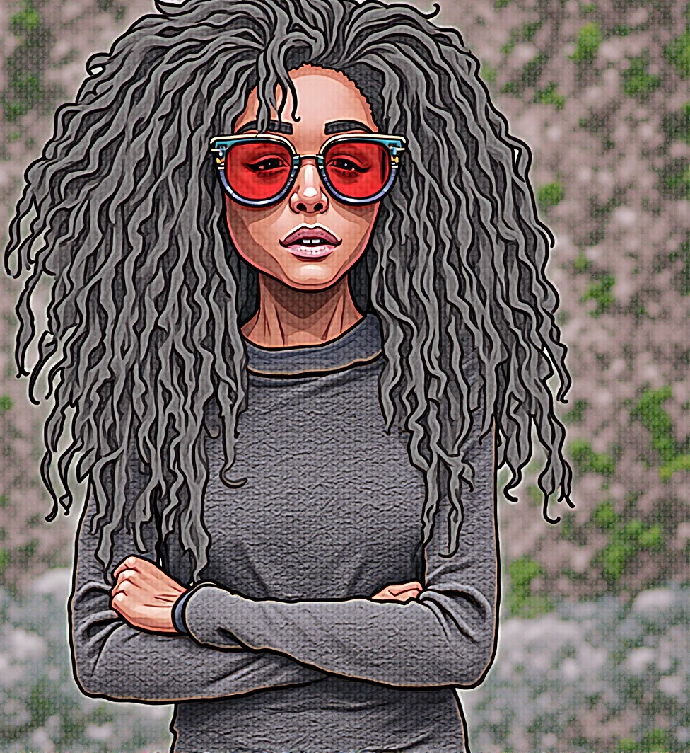 Chico black skin, curls, long black fur, reddish chestnut tips, black pullover, provocative look, cyber punk atmosphere 