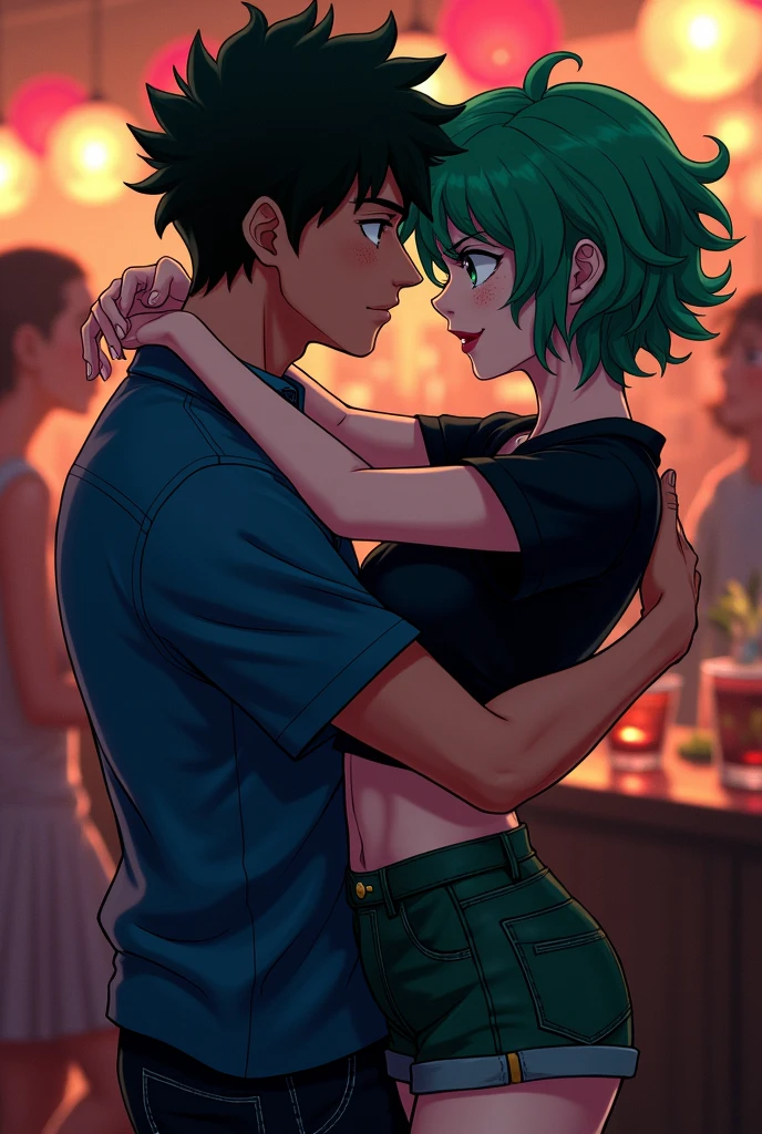 My hero academia Girl with short curly green hair,He has emerald green eyes, has freckles on his face, clear skin ,She is wearing a black t-shirt with dark green shorts and a skirt, She is in a night bar drunk dancing close together with a guy with black hair and a blue shirt