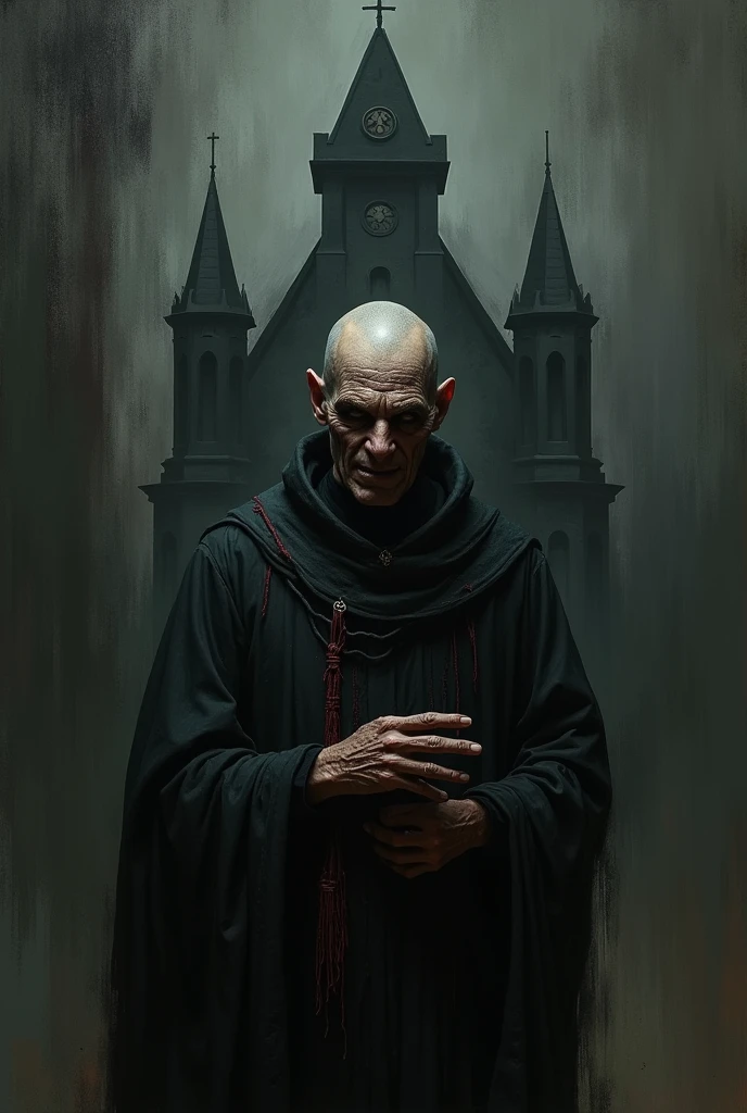 A priest with a dark and sinister expression, symbolizing degeneration into a "pederast, mental and spiritual slaver" without the process of Catharsis, with the church behind it, plunged into shadows.