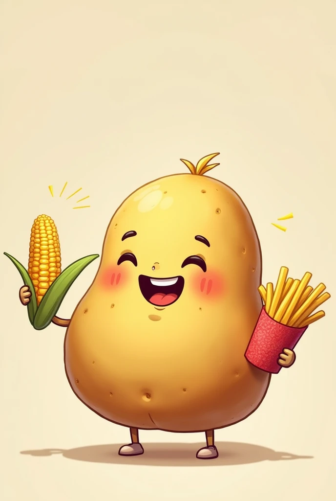 Create a picture of a smiling potato with a cute face, with feet and in the right hand he has a prepared corncob and in the left some French fries