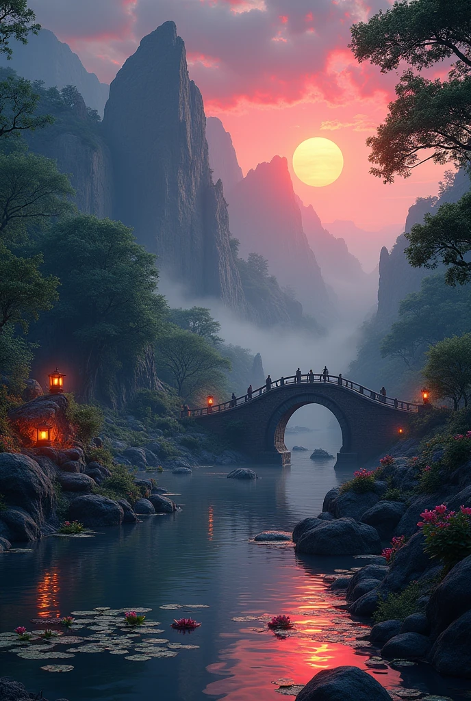 半山腰有一個巨大的fall, An ancient city carved into the rock, epic matte painting of an island, The Lost City of Atlantis. Sunset, dark sky with red Sunset clouds,  Fog in the forest, fall流入池塘, Pond with garden, Flowers and water lilies in the pond, Stone Bridge, epic landscape, painting艺术, Watercolor Art, Lanterns in the pond, The ancient city on the distant mountain is blurred, fantasy, Popular on artstation, Trending in cgsociety, Wheel within a wheel, High Detail, dramatic, art halfway, tall fall, painting of a river with rocks and trees in the foreground , By the River, landscape, jungle, fall, Clear water, Night Light, Colorful, river with rocks, Stone Bridge, epic, fantasy, ((Roses and flowers on the shore of the pond) ), ((painting)),  ((Stone Bridge))