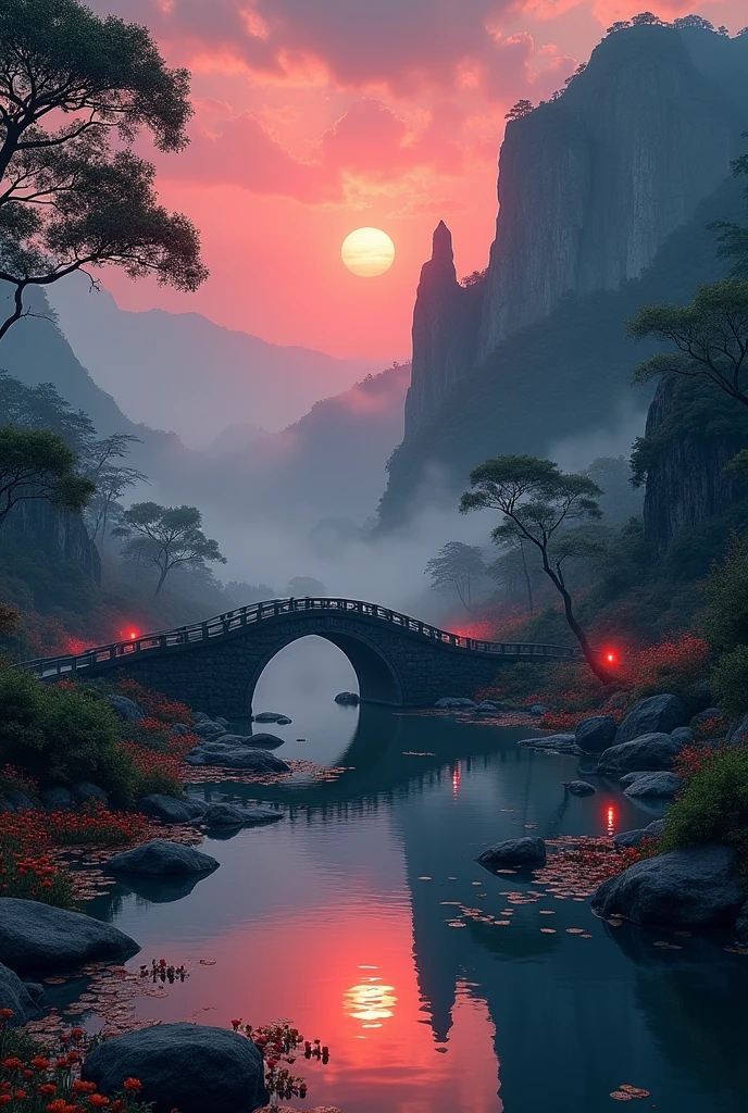半山腰有一個巨大的fall, An ancient city carved into the rock, epic matte painting of an island, The Lost City of Atlantis. Sunset, dark sky with red Sunset clouds, Fog in the forest, fall流入池塘, Pond with garden, Flowers and water lilies in the pond, Stone Bridge, epic landscape, painting艺术, Watercolor Art, Lanterns in the pond, The ancient city on the distant mountain is blurred, fantasy, Popular on artstation, Trending in cgsociety, Wheel within a wheel, High Detail, dramatic, art halfway, tall fall, painting of a river with rocks and trees in the foreground , By the River, landscape, jungle, fall, Clear water, Night Light, Colorful, river with rocks, Stone Bridge, epic, fantasy, ((Roses and flowers on the shore of the pond) ), ((painting)), ((Stone Bridge))