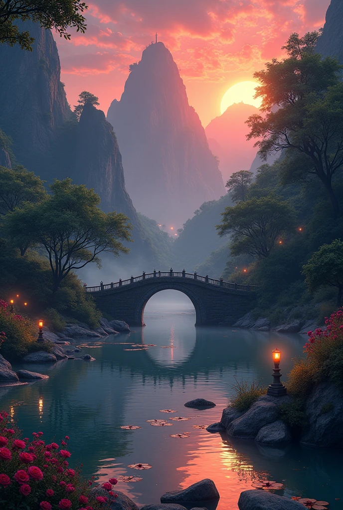 半山腰有一個巨大的fall, An ancient city carved into the rock, epic matte painting of an island, The Lost City of Atlantis. Sunset, dark sky with red Sunset clouds,  Fog in the forest, fall流入池塘, Pond with garden, Flowers and water lilies in the pond, Stone Bridge, epic landscape, painting艺术, Watercolor Art, Lanterns in the pond, The ancient city on the distant mountain is blurred, fantasy, Popular on artstation, Trending in cgsociety, Wheel within a wheel, High Detail, dramatic, art halfway, tall fall, painting of a river with rocks and trees in the foreground , By the River, landscape, jungle, fall, Clear water, Night Light, Colorful, river with rocks, Stone Bridge, epic, fantasy, ((Roses and flowers on the shore of the pond) ), ((painting)),  ((Stone Bridge))