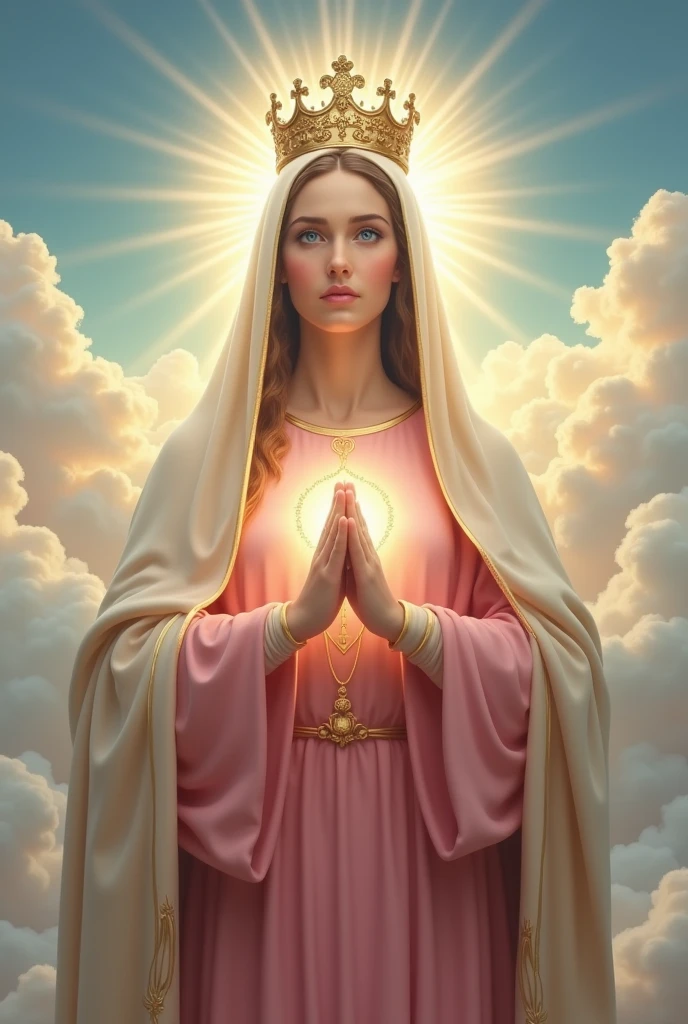 Perfect hand 5 finger, Portrait of a beautiful virgin mary wearing pink clothes of queen with the queen crown shining the light from her head and heart all over in the clouds, virgin mary, real blue eyes, sunny day, intricate details.real virgin mary, straight head face, Straight body.Prayer virgin mary, perfect full body, perfect hands finger,Prayer virgin mary, praying virgin mary backgrounds natural photographic