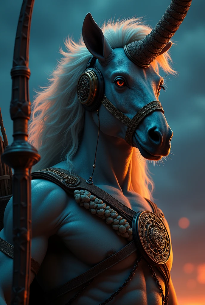 masterpiece, highest quality, 1man as a centaur (full body), extremely detailed face and eyes, detailed full body, detailed hair, detailed legendary archer outfit(epic move), headphones, (low angle view), night, colorful, cinematic lighting, photorealistic, 8k, hyper detailed, intricate details, (best quality), (realistic), (masterpiece)