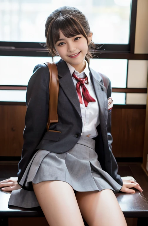 (8k, Highest quality, masterpiece: 1.2), (Realistic, photoRealistic: 1.2), sitting, (Panty shot)))), (Spread your legs)))), alone, 15 years old, (((日本のhigh school girl: 1.6))), In the classroom, Wet, Gaze at the viewer, (sit: 1.5), loafers, smile, Big Breasts, Beautiful Eyes, An empty classroom, high school girl, (short hair :1.1), Panty shot, Spread your legs, Thigh, ((Grey no-tuck mini skirt:1.5)) ,((Gray High School Blazer)), White panties, socks, Knee-length, White shirt, loafers, Realistic, ((小馬鹿にしたsmile :1.5)), ((laugh at:1.2)), lips, Brown eyes, ((Red ribbon around neck)), ((Neat no-tuck Keio skirt)), 茶色のloafers, masterpiece, Highest quality, Ultra detailed face, (((Panties that look like they can be seen))), (((Spread your legs))), ((Like peering into someone&#39;s face)), (((Raise one knee))), (((みずみずしいThigh))), squat,(((Spread your legs))), (((膝を上げてsit))), しゃがみPanty shot,　