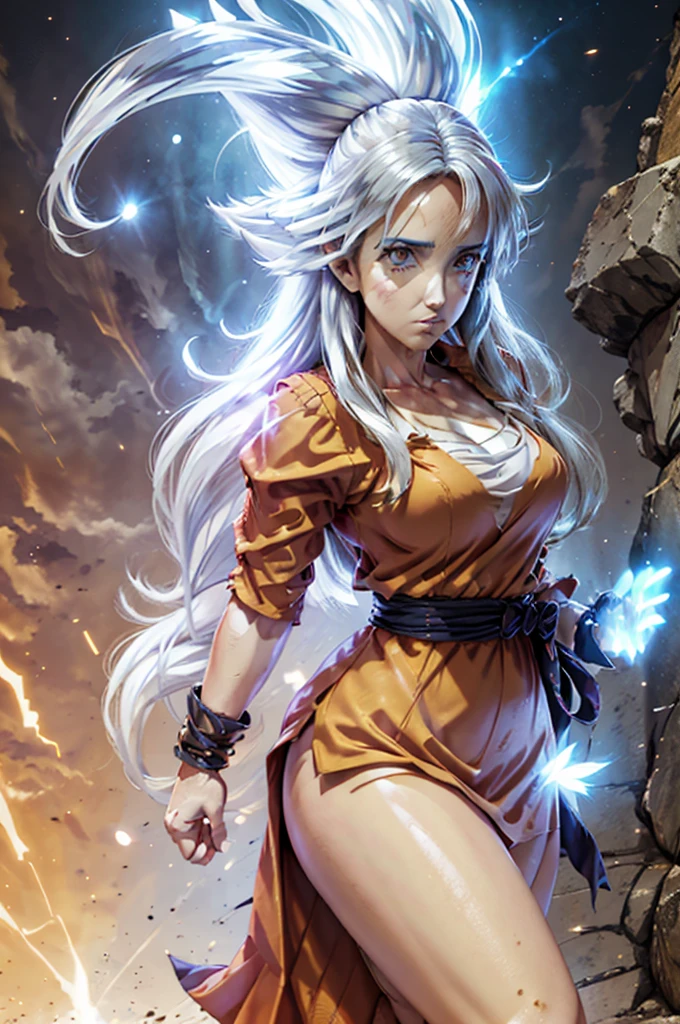 8k, Best Quality, masterpiece, Victoria Villarruel dressed as Goku, 1 girl, ultra_instinct, white_hair, glowing aura, bright white long hair, floating hair raised, bright silver eyes, slim with wide hips, serious mocking expression. outdoor, clearing, plain, desert.