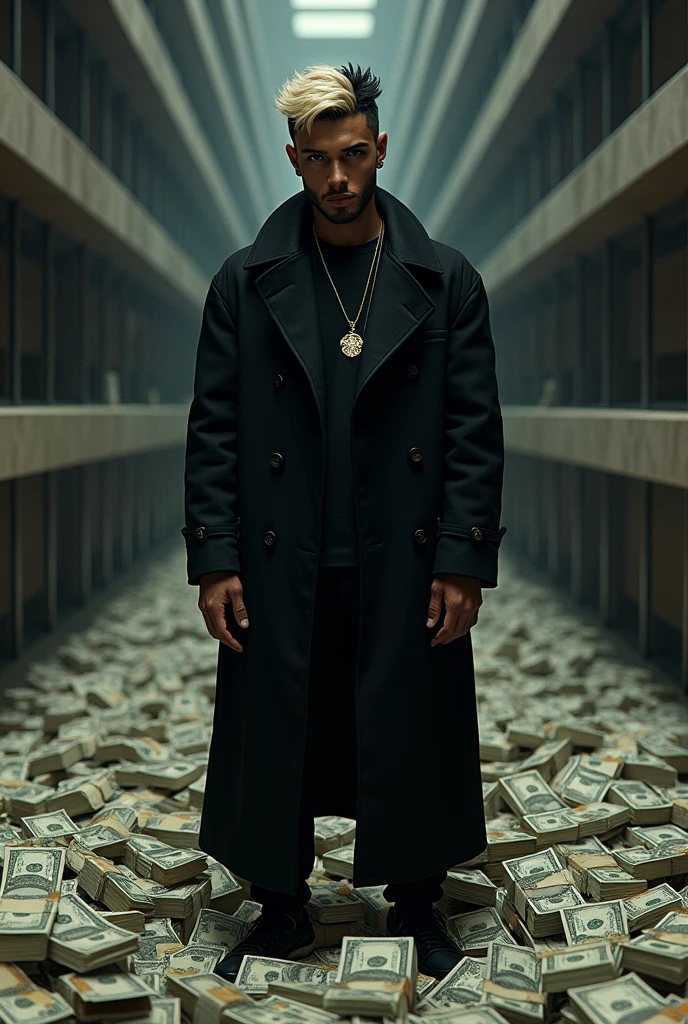 Make a album photo with a guy standing on 100k in cash and make the guy light skin with split dye hair one side black one side blonde look mysterious 5,10 wearing all back with chrome hearts clothing