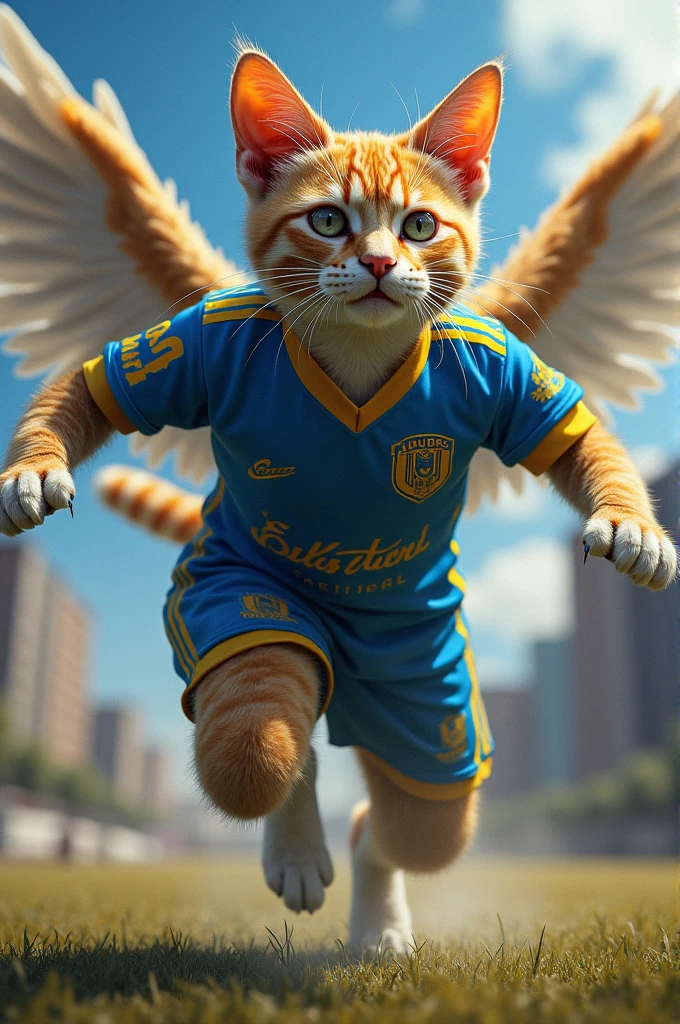 A cat with the wings of the singer Duki wearing the Boca Juniors shirt 