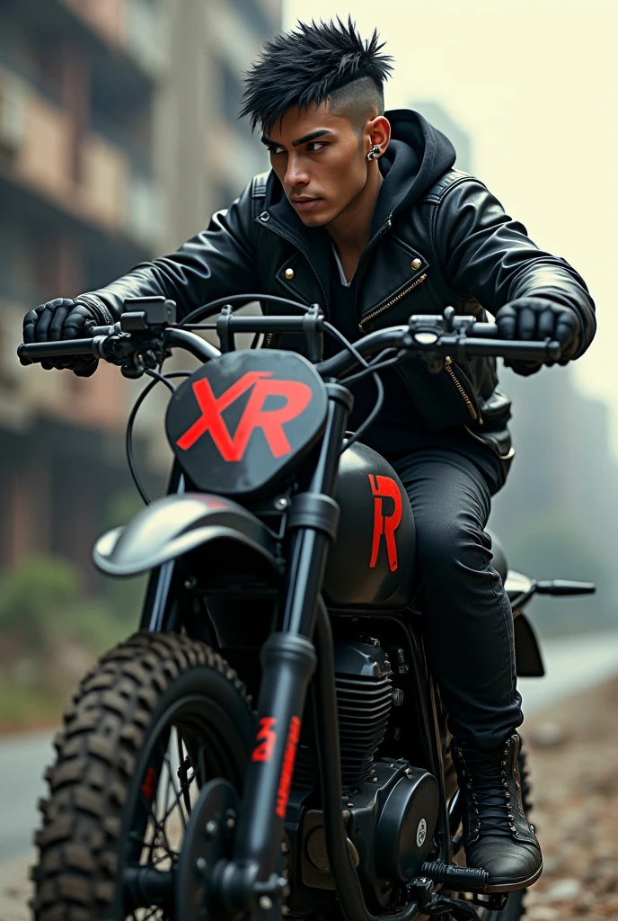 A black-haired man with a number 7 haircut and ear piercings listening to music on a motorcycle, The bike is a black enduro with red XR