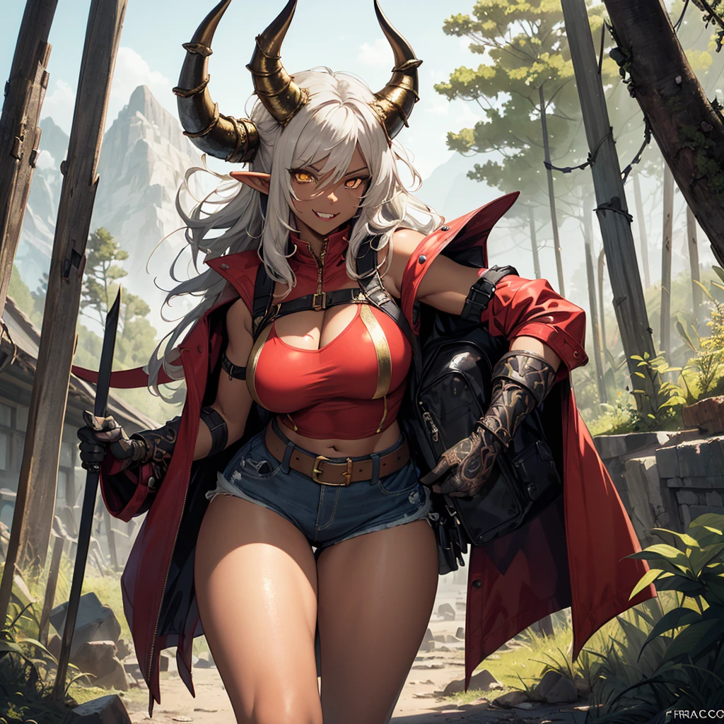 ((best quality)), ((masterpiece)), (detailed), 1 women elf-draconical heavy warrior, 8k_wallpaper, extremely detailed eyes, (large masterpiece digital art), (intricate details:1.3 ), (ultra-detailed:1.3), (sharp focus:1.3), (natural lighting:1.05), (vivid colors:1.3), (best quality:1.4), high quality, expressive eyes, full body, detailed face, beautiful face, perfect face, ((hair sandy white curls)), ((dragon dark horns)), (gold eyes), {{dark skin}}, ({dark skinned female}), big breasts, huge chest, powerful relief muscles of the abdomen and legs, powerful strong muscles of the arms, abdominal piercings, cruel predatory and cold-blooded arrogant look, a predatory smile with many fangs, wearing an open red coat with rolled up sleeves, a translucent red crop top, denim mini shorts, a wide yellow belt with chains, steel gloves, steel shoulder pads, heavy red metal steel armor, a hiking backpack, walking along the old pier of a ruined village, against the backdrop of forests and mountains, dark fantasy style,