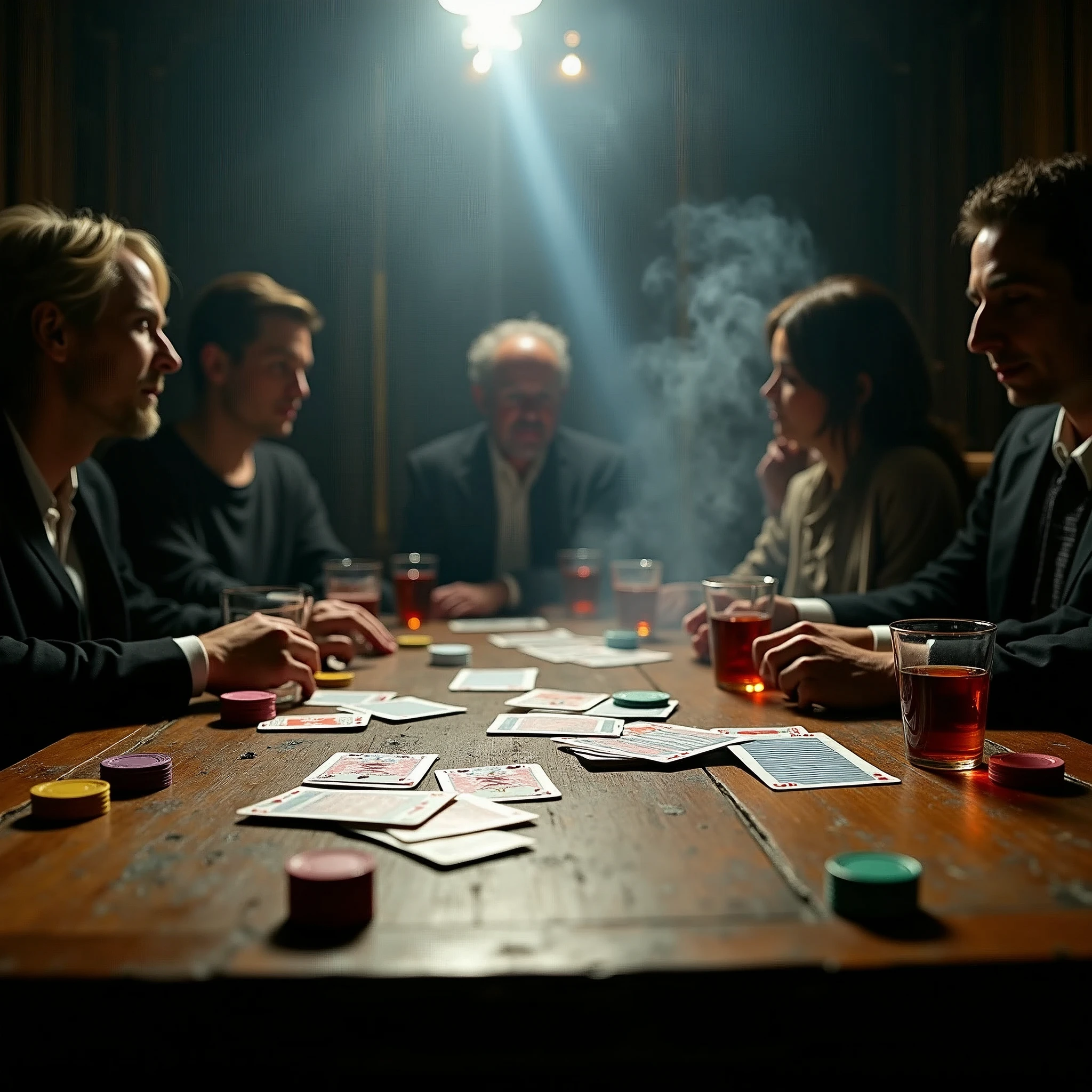 Card Game, cards scattered on an old table, colorful chips, spotlights, cigarette smoke, cups of liquor, faceless people, dimly lit room,